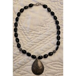 Doug Paulus Sterling Silver 925 Tag Beaded Black Onyx Necklace Etched Pendant